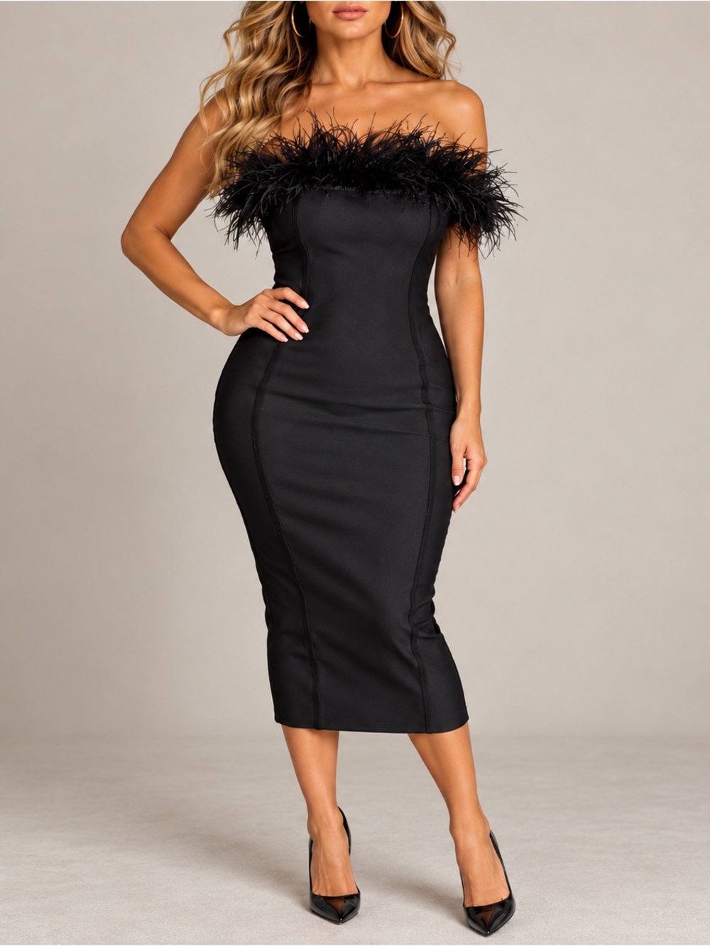 Black Feather Trim Bodycon Midi Dress L Strapless Cocktail Glam Party Sexy